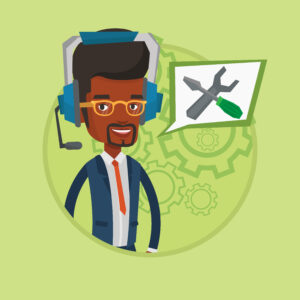operator of technical support service. Operator of technical support wearing headphone set. Technical support operator. African Vector flat design illustration in the circle isolated on background.